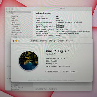 2021 Apple iMac 24" M1 7 Core 3.2GHz 8GB RAM 256GB SSD Pink FJVA3LL/A