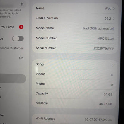 WiFi Only Apple iPad 10th Gen 64GB Blue MPQ13LL/A